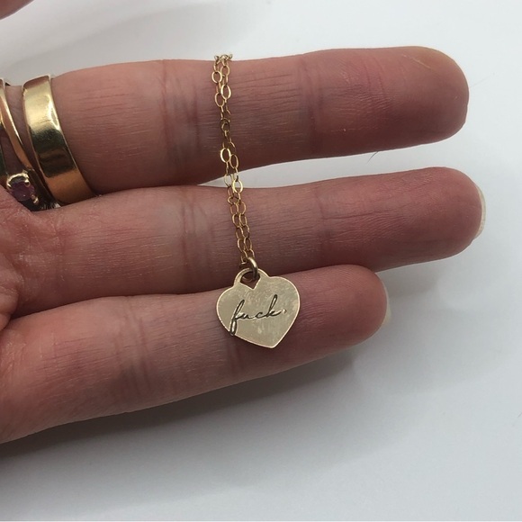 Vtg 14k Gold Filled Cursive F*** Swear / Curse Word Heart Necklace 21” + .5” - Picture 3 of 7